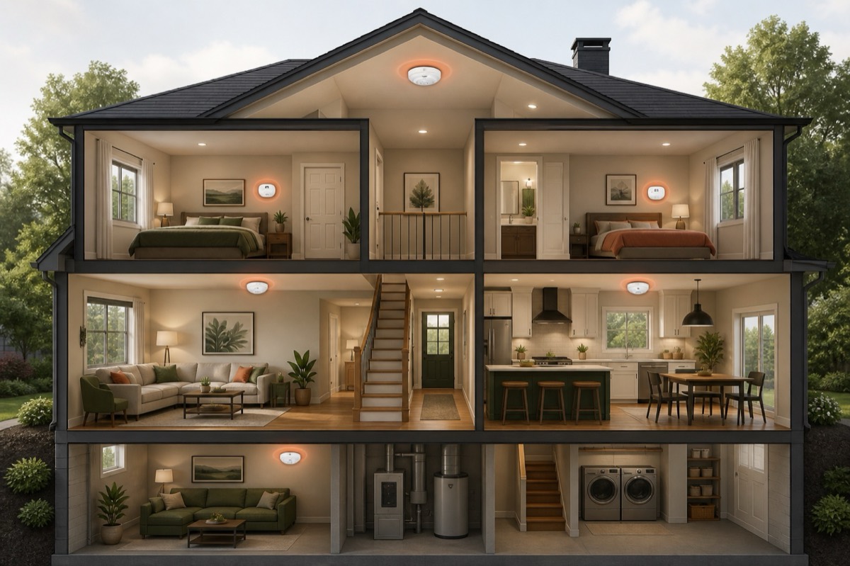 An illustrated house cutaway showing alarms on multiple levels and near bedrooms