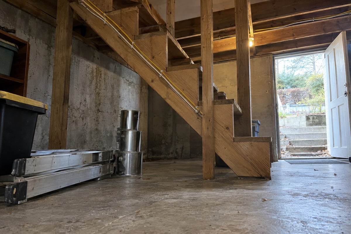 Sheathed electrical cables run along the underside of a basement stairway, lit by daylight from an open walkout door.