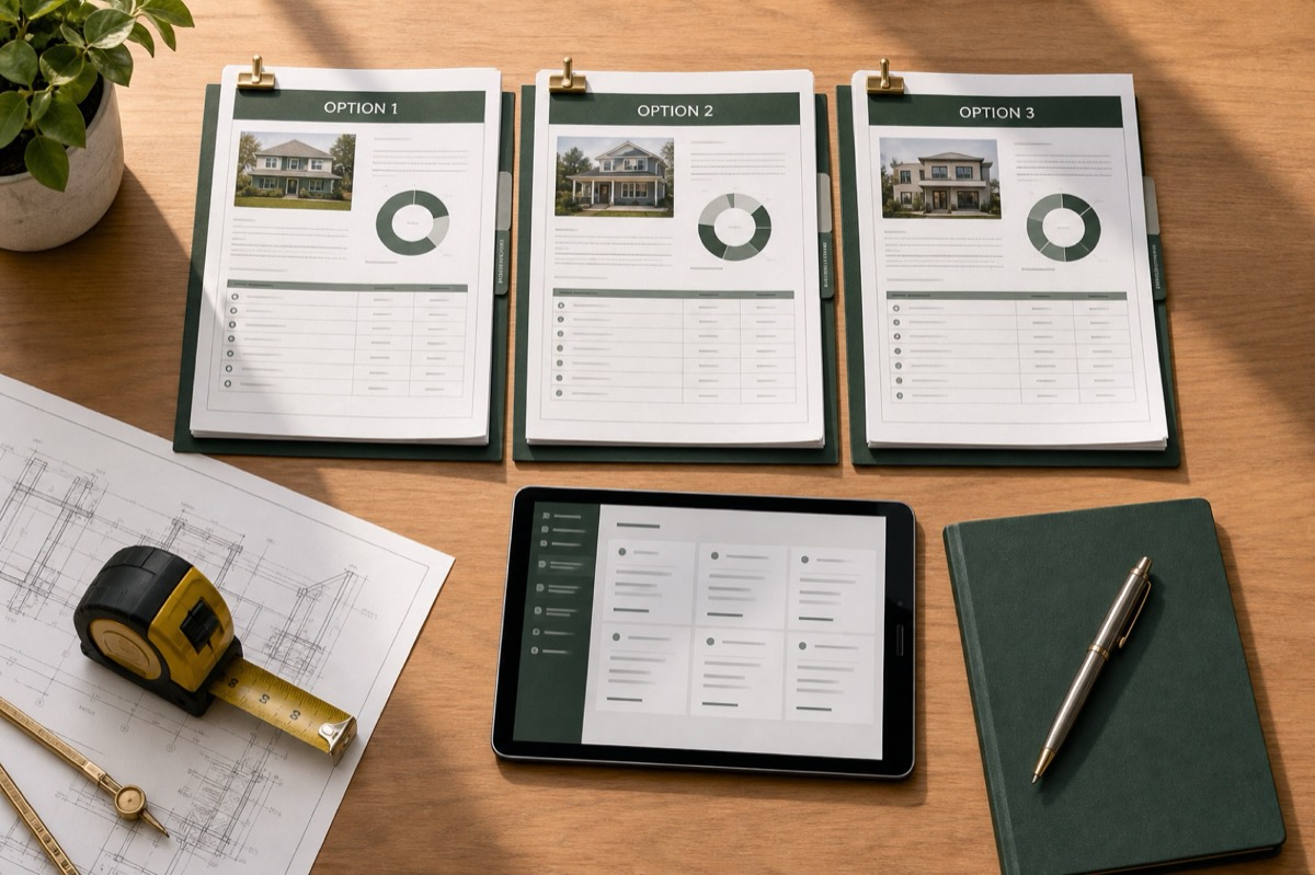 Three home-improvement quote packets arranged for side-by-side comparison