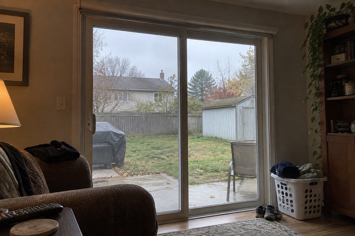 A rolled storm-screen housing sits above a sliding glass door in a lived-in living room on an overcast day.