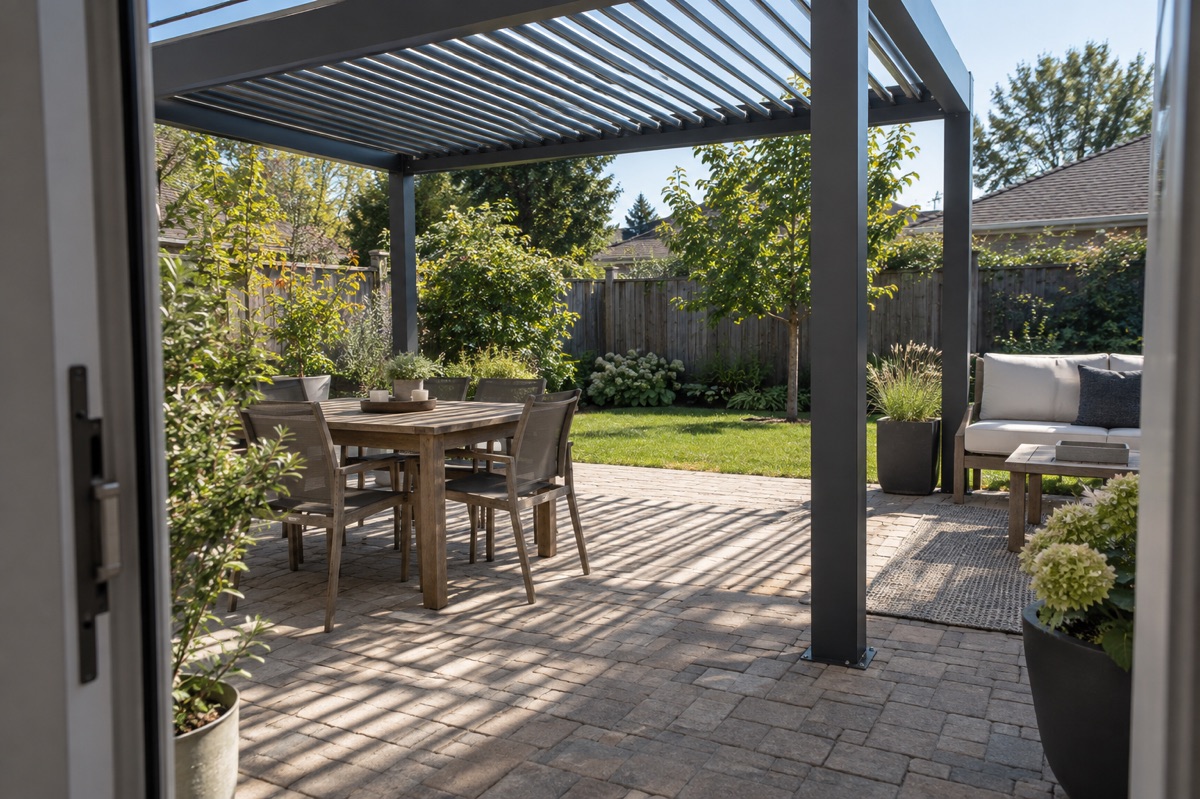 Partly open pergola louvers cast striped midday shade across backyard pavers.