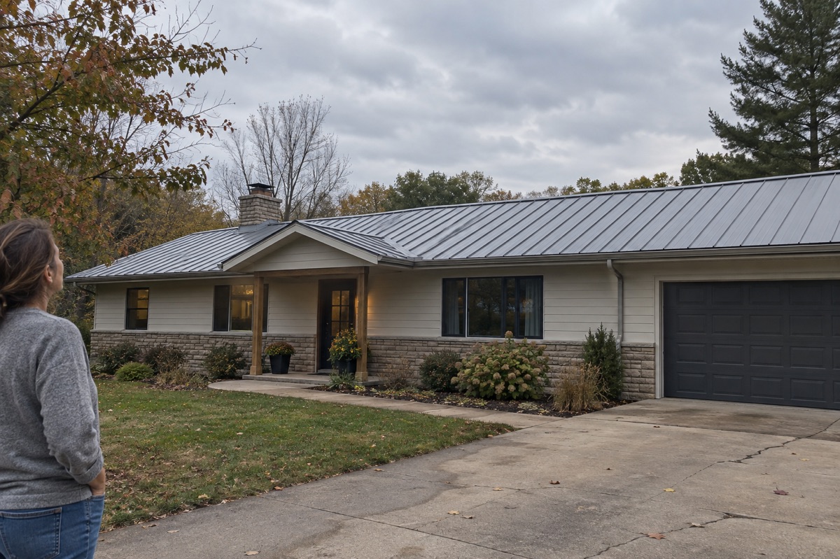 A homeowner looks up at the standing-seam metal roof of a one-story ranch house.