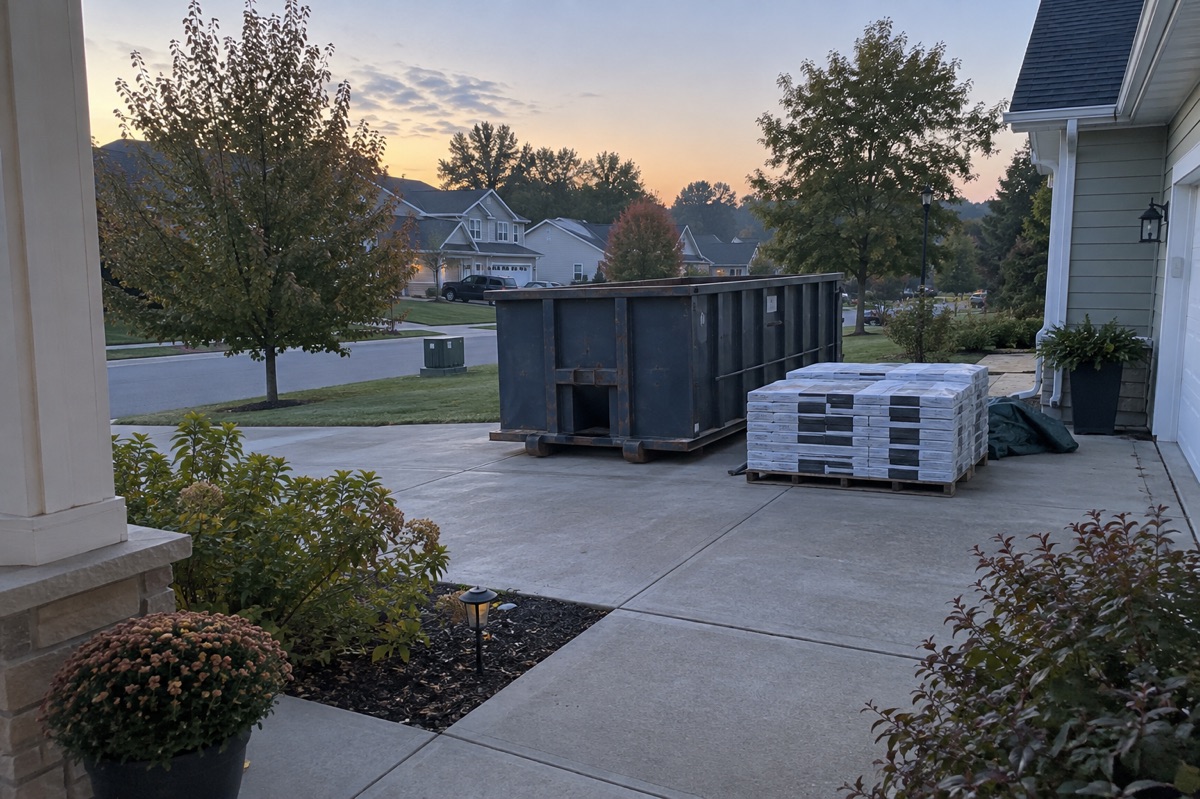 A small roll-off dumpster and wrapped roofing bundles wait in a residential driveway at dawn.