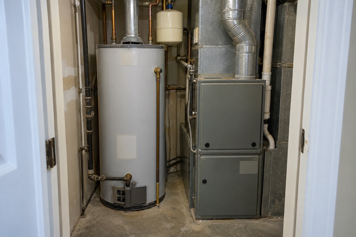 An older tank water heater and furnace stand side by side in a utility closet.