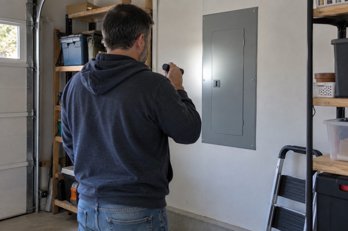 A homeowner uses a flashlight to look at a closed breaker panel in a garage.