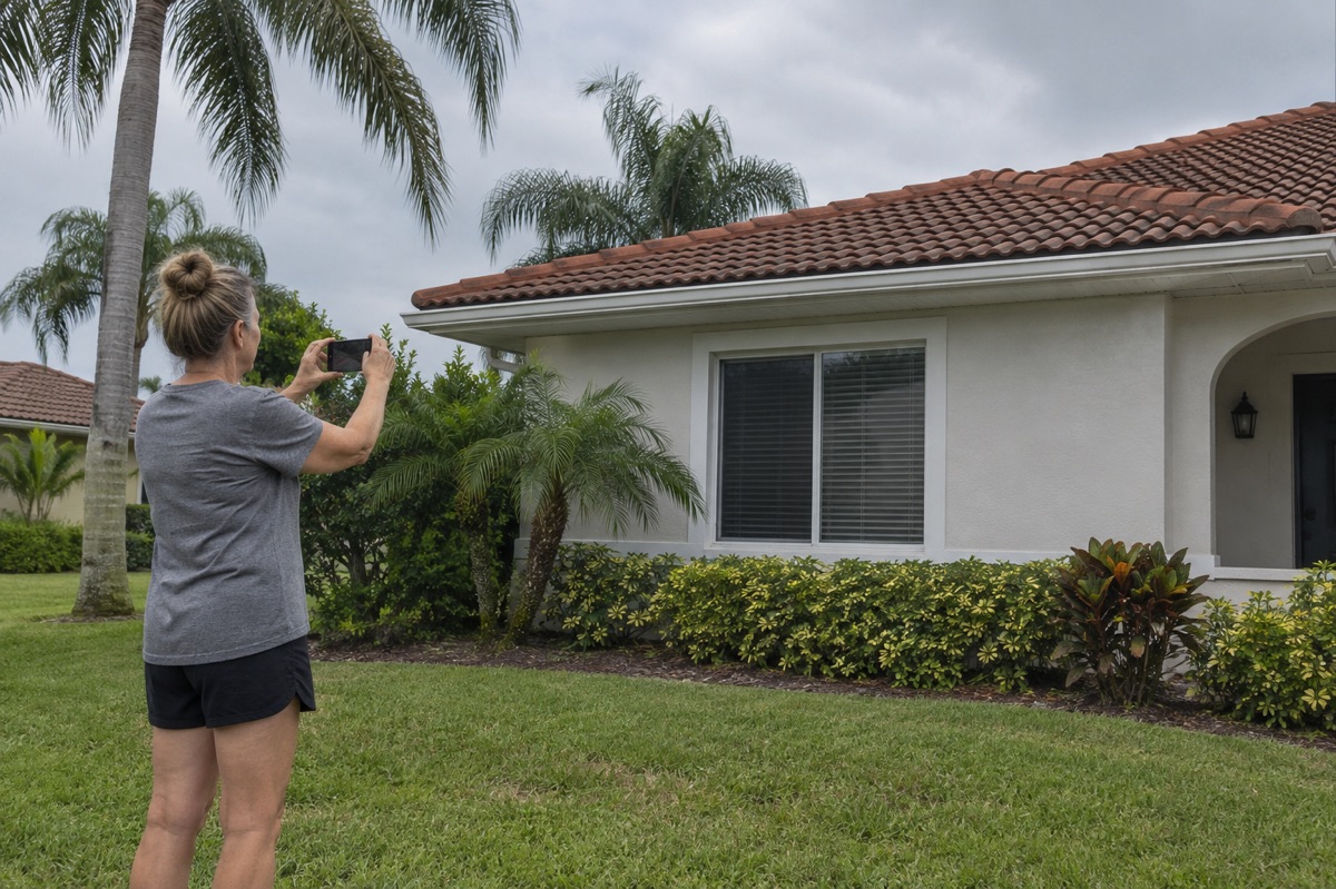 A homeowner photographs a Florida tile roof from the yard under an overcast sky.
