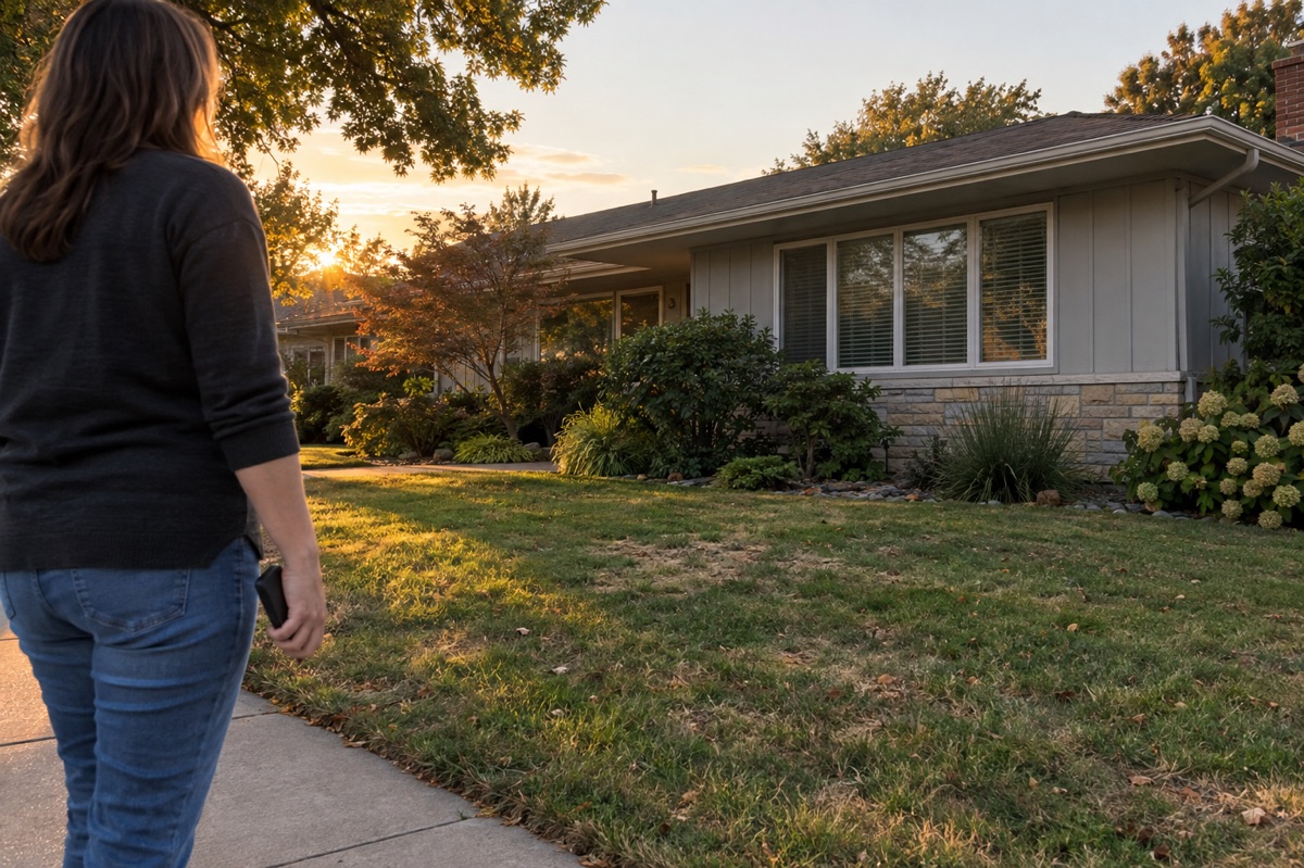 A homeowner stands on the sidewalk looking at a 1970s single-story ranch house at golden hour.