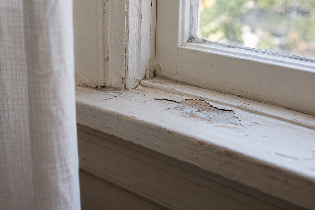 Peeling paint is visible on an older wooden window sill in soft daylight.