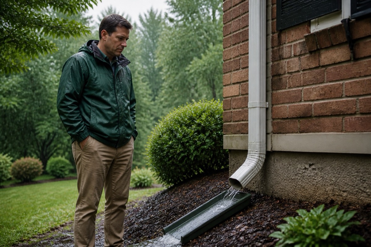 A homeowner observes rainwater flowing through a downspout and away from the foundation