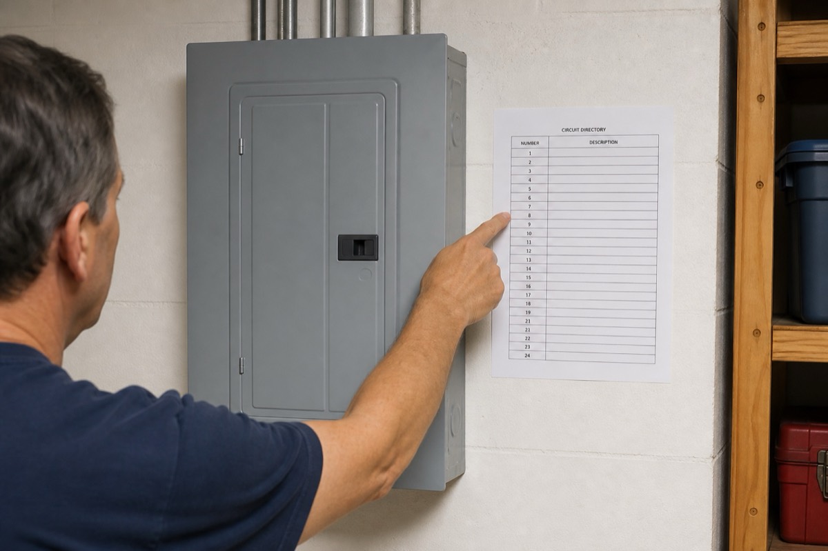 A homeowner reviews a circuit directory beside a closed electrical panel