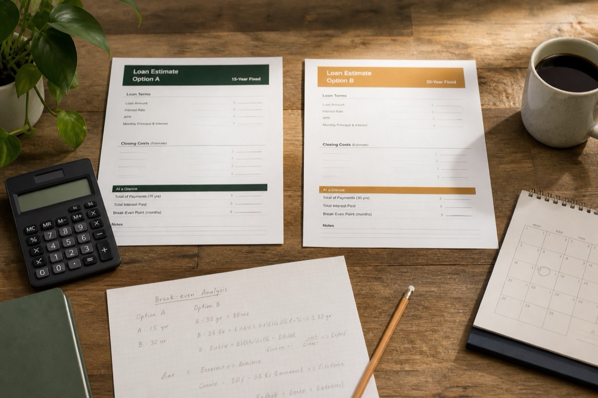 Two generic loan estimates compared beside a calculator and break-even worksheet