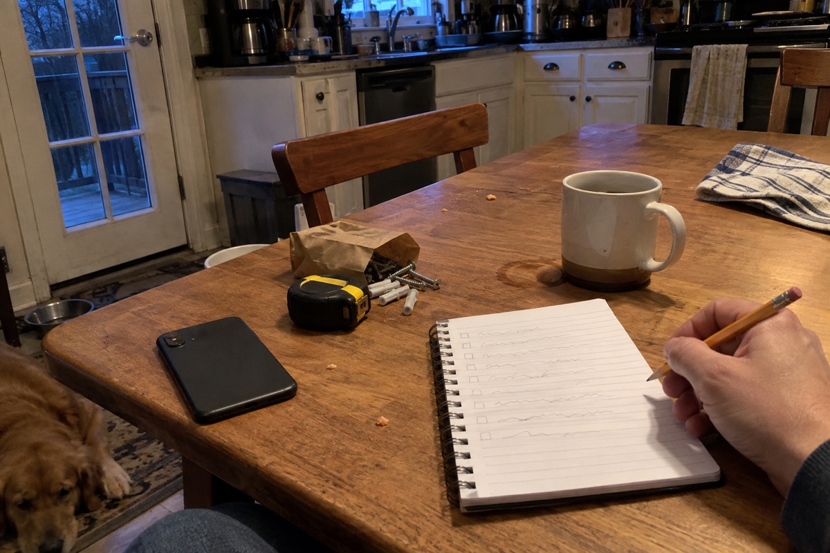 A homeowner's hand holds a pencil over a to-do list on a kitchen table, next to a tape measure and a bag of hardware.