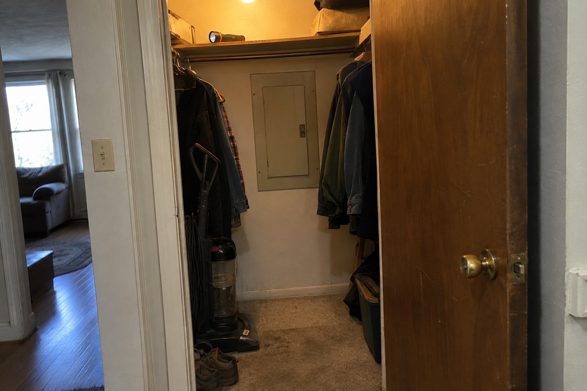 A hall closet with coats pushed to one side shows a closed beige breaker-panel door on the back wall and a clear patch of floor in front of it.