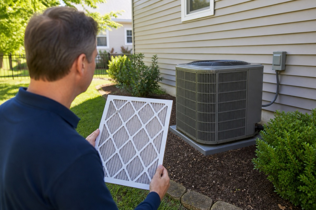 A homeowner safely observes an outdoor air-conditioning unit while holding a clean filter