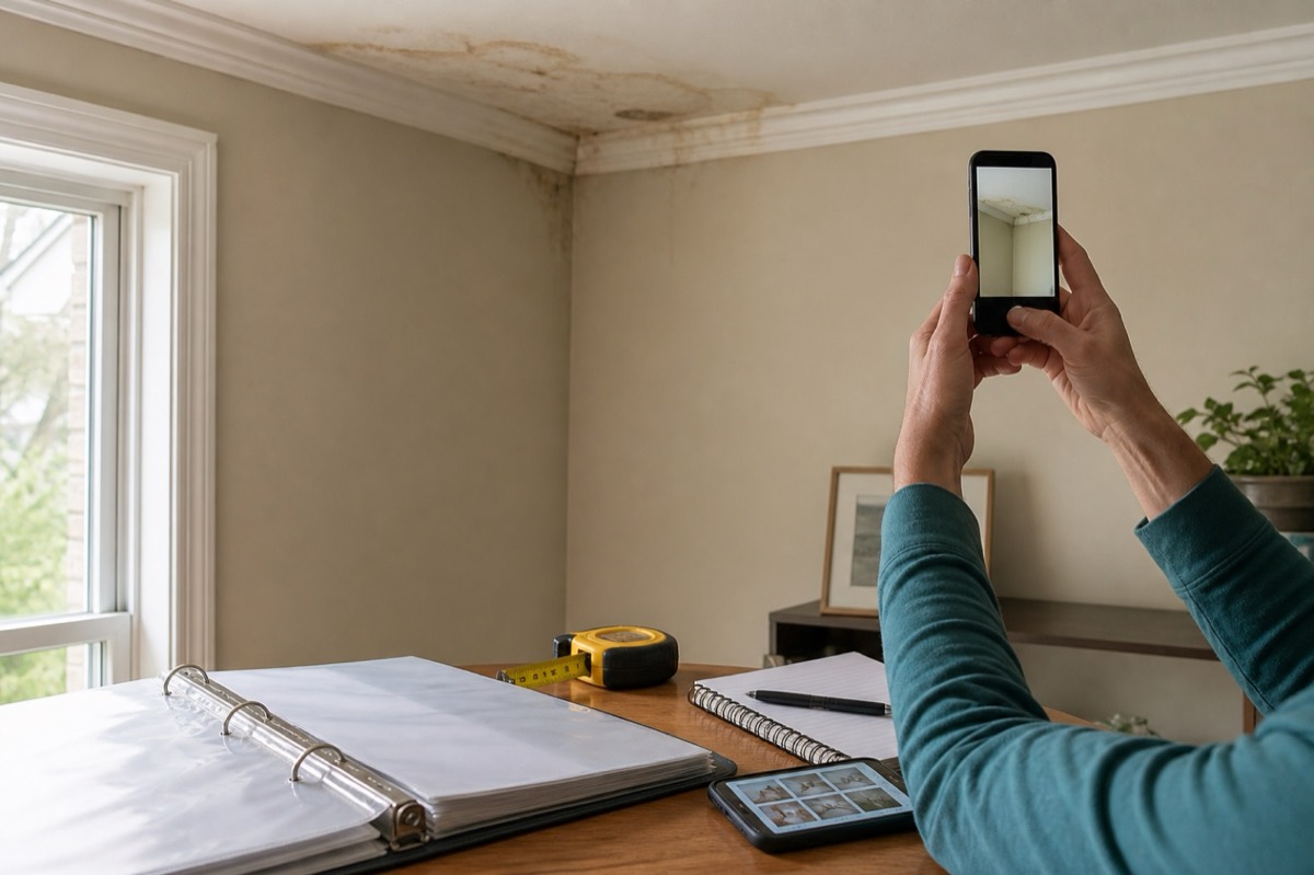 A homeowner photographs modest ceiling water damage for a home record