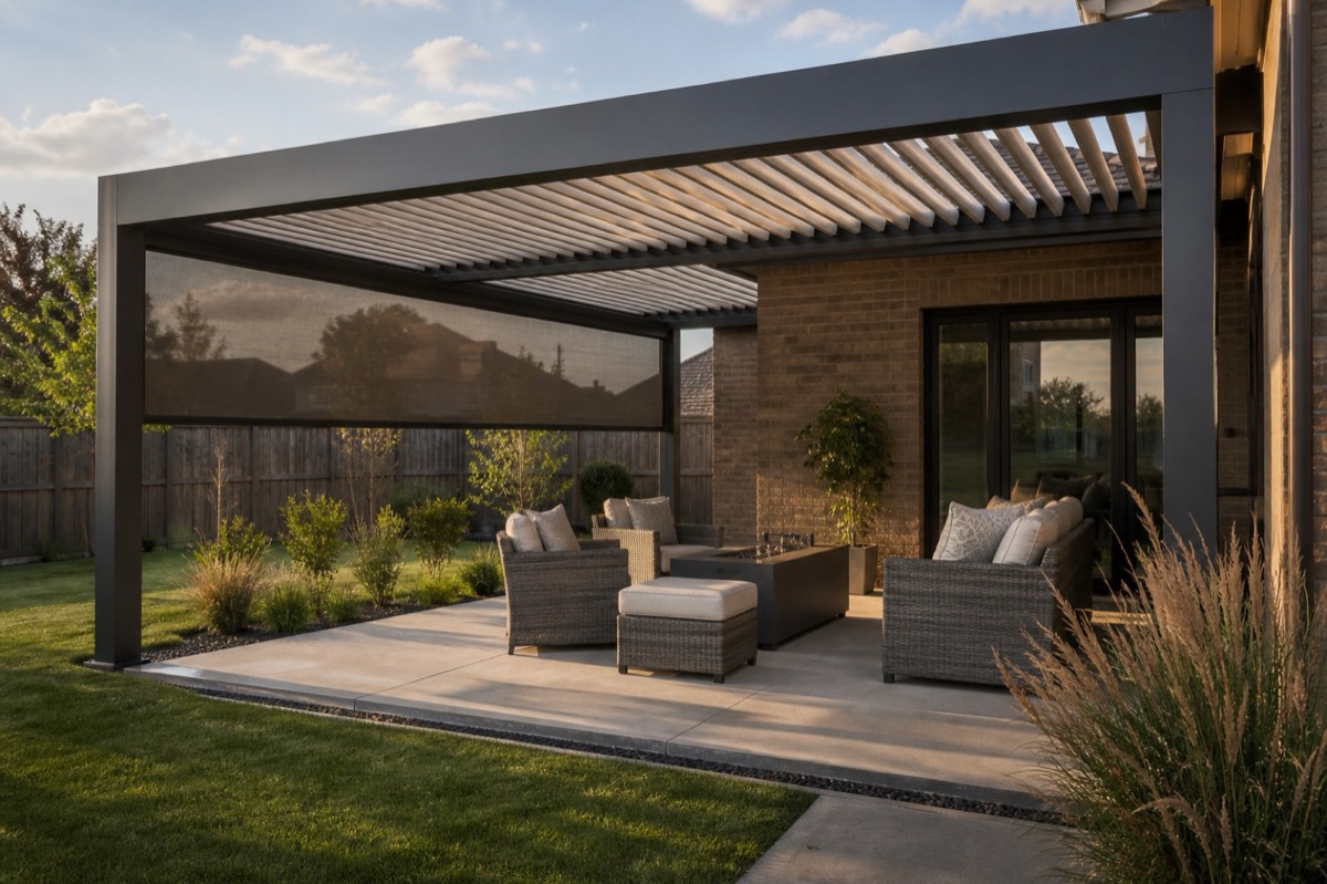 A lowered motorized screen on a modern louvered residential pergola
