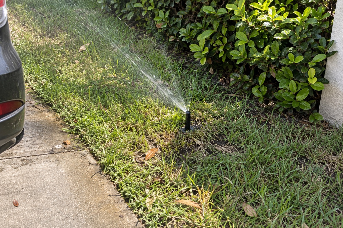 A pop-up sprinkler sprays water over a strip of grass beside a concrete driveway on a sunny morning.