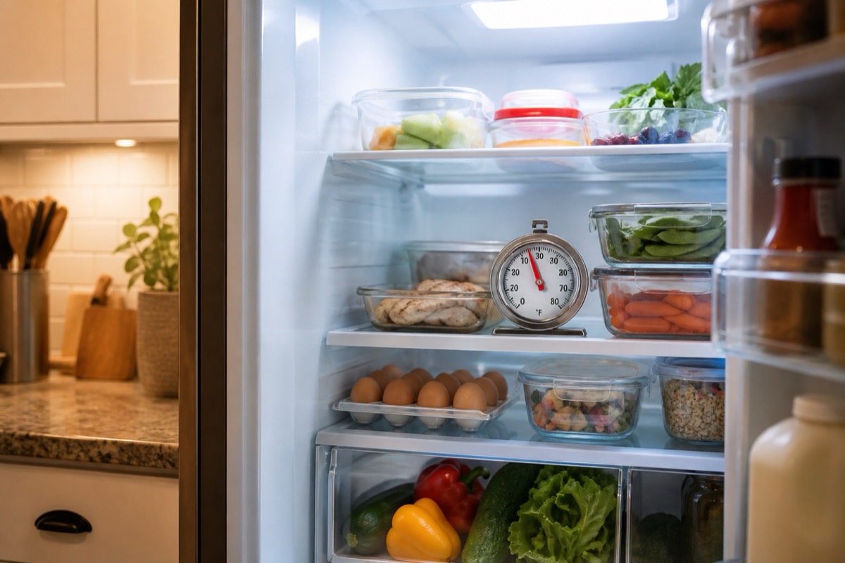 An appliance thermometer inside an organized home refrigerator