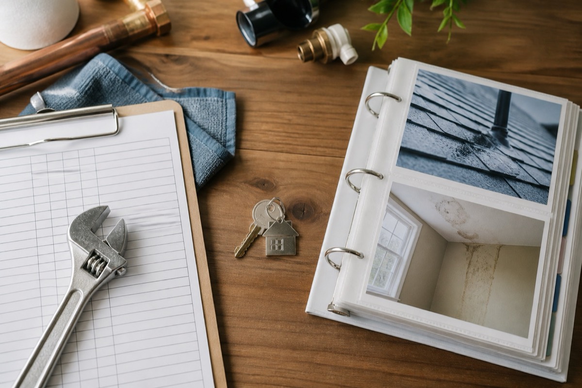 A maintenance record and wrench beside a home inventory photo binder