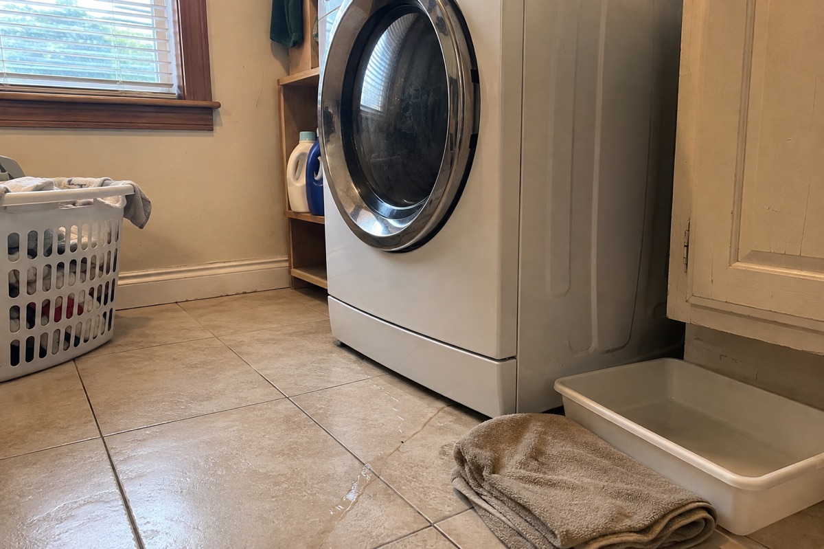 A small washing-machine leak is contained with a towel and shallow pan on a laundry-room floor