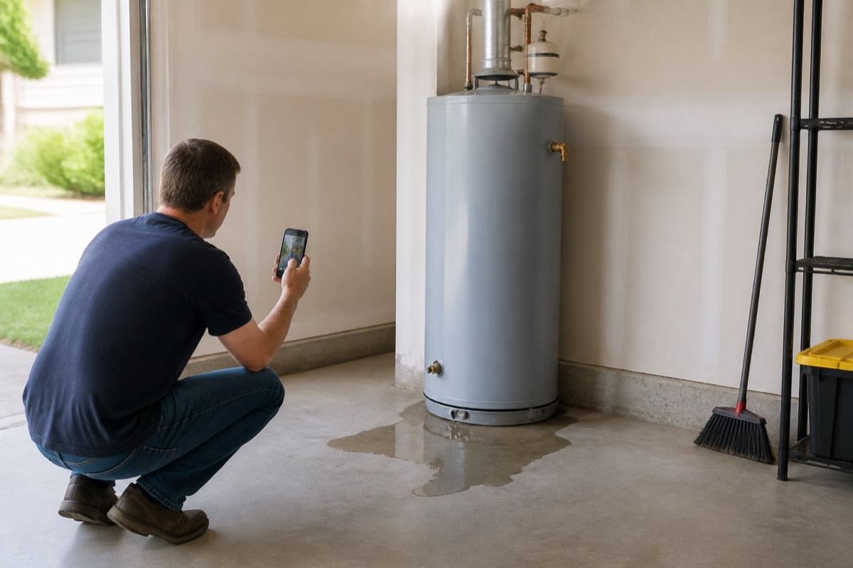 A homeowner photographs a small puddle beside a residential water heater