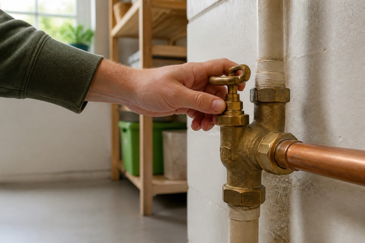 A clearly visible residential water shutoff valve and supply pipe